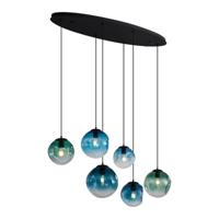 QAZQA - Art Deco Art deco hanglamp zwart met blauw glas 6-lichts - Douglass | Woonkamer | Slaapkamer | Keuken - Glas Langwerpig |Bol - E27 Geschikt voor LED - Max. 6 x 15 Watt