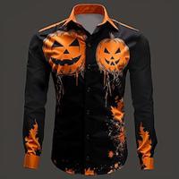 Halloween Pompoen Grijns Casual Voor heren Overhemd met knopen Lange mouw Feest / Avond Herfst Winter Lente zomer Strijkijzer Overhemdkraag Dichtknopen 3D-afdrukken Dun Oranje Polyester Lightinthebox