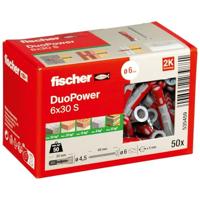 fischer DuoPower 6 x 30 S, universele plug met veiligheidsschroef, 2-componentenplug, kunststof plug voor bevestiging in beton, baksteen, steen, gipsplaat en nog veel meer, 50 pluggen + 50 schroeven