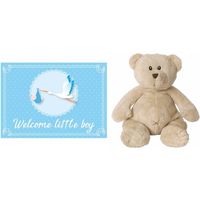 Kraamcadeau beren knuffel 17 cm met Welcome little boy wenskaart /ansichtkaart   -