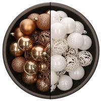 74x stuks kunststof kerstballen mix van camel bruin en wit 6 cm - thumbnail