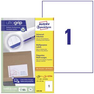 Avery-Zweckform 3478-200 Universele etiketten 210 x 297 mm Papier Wit 200 stuk(s) Permanent hechtend Laser (kleur), Laser (zwart/wit), Kopiëren (kleur),