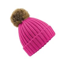 Gebreide winter muts fuchsia roze met nep bont pompon voor dames - thumbnail