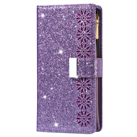 iPhone 15 Pro Max hoesje - Bookcase - Koord - Pasjeshouder - Portemonnee - Glitter - Bloemenpatroon - Kunstleer - Paars