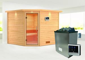 Karibu | Leona Sauna met Dakkraag | Helderglas Deur | Kachel 9 kW Externe Bediening