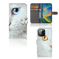 iPhone 14 Pro Max Telefoonhoesje met Pasjes Witte Kat - thumbnail