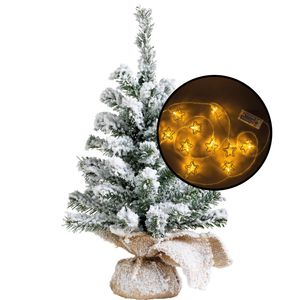 Kleine kunst kerstboom - besneeuwd - incl. 3D sterren lichtsnoer metallic goud - H45 cm