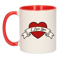 I love you cadeau mok / beker in de kleur wit / rood met hartje en banner 300 ml - thumbnail