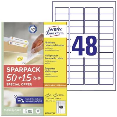 AVERY Zweckform L4736REV-65 Universele etiketten (2.400 plus 720 zelfklevende etiketten extra, 45,7 x 21,2 mm op A4, zonder resten verwijderbaar/verwijderbaar, bedrukbaar, zelfklevende stickers) 65