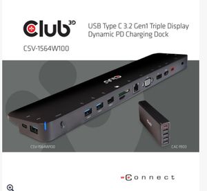 CLUB3D USB 3.2 GEN1 C TRIPLE DISPLAY DYNAMIC 100W PD CHARGING DOCK. THE 5 X USB-A PORTS Docking USB 3.2 Gen 1 (3.1 Gen 1) Type-C Zwart