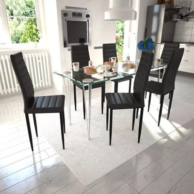 vidaXL Eetkamerset 6 zwarte slim line stoelen en 1 glazen tafel vidaXL Eetkamerset 6 zwarte slim line stoelen en 1 glazen tafel