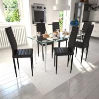 vidaXL Eetkamerset 6 zwarte slim line stoelen en 1 glazen tafel