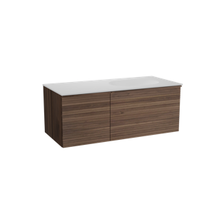 Balmani Forma zwevend badmeubel 120 x 55 cm amerikaans notenhout met Tablo Oval asymmetrisch rechtse wastafel in solid surface mat wit, Horizontale symmetrische rechte ribbel