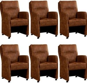 Set van 6 Bruine leren landelijke eetkamerfauteuils Sharp - Kenia Leer Brown (bruin leer)