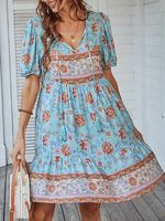 Loose V Neck Casual Floral Dress With No - thumbnail