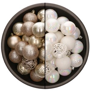 74x stuks kunststof kerstballen mix van champagne en parelmoer wit 6 cm