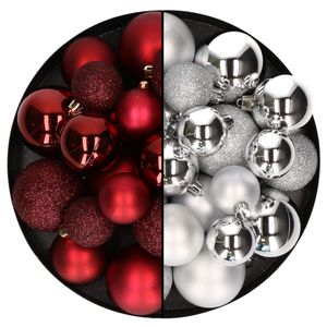 Kerstballen 60x stuks - mix donkerrood/zilver - 4-5-6 cm - kunststof