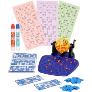 Bingo spel gekleurd/oranje complete set nummers 1-90 met molen/148x bingokaarten/2x stiften