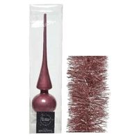 Kerstversiering glazen piek glans 26 cm en folieslingers pakket oud roze van 3x stuks - thumbnail