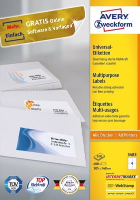 Avery-Zweckform Universele etiketten 3483 (N/A),Wit, Rechthoek, 400 stuk(s), Permanent hechtend
