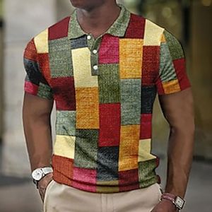 Voor heren POLO Shirt Wafel poloshirt Revers polo Polo's met knopen Golfshirt Ruitjes Grafische prints Geometrie Strijkijzer Lichtgeel Kristal / Oranje Geel Zwart / Bruin Leger Groen Buiten Straat Lightinthebox