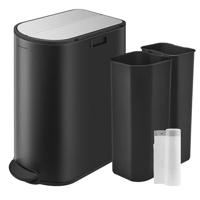 SONGMICS 13-gallon dubbele keuken prullenbak, 5,3 en 8 gallon compartimenten, vuilnisbak met vleugeldeksels, roestvrij staal, soft close, binnenemmers, inkt zwart en metallic zilver ULTB570B50