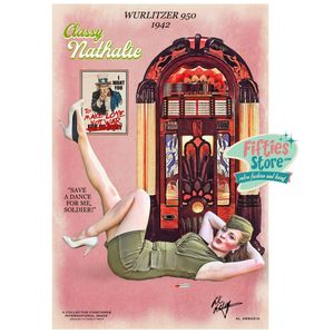 Wurlitzer 950 Jukebox Pin-Up Classy Nathalie Zwaar Metalen Bord 44,5 x 29 cm