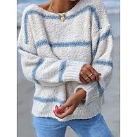 Dames Trui Strakke ronde hals wazig breien Katoenmix Extra groot Herfst Winter Dagelijks Uitgaan Stijlvol Casual Zacht Lange mouw Gestreept Wit / Zwart Licht Blauw Lightinthebox - thumbnail