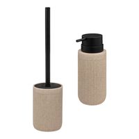 Badkamer/toilet accessoires set Onyx - WC-borstel in houder en zeeppompje - beige/zwart - 350 ml