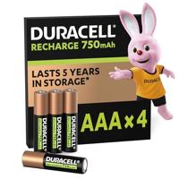 Duracell Oplaadbare AAA-batterijen (4 stuks), 750 mAh NiMH, 1000 laadbeurten, vooraf opgeladen, voor een lange levensduur, met een plastic vrije en 100% recyclebare verpakking