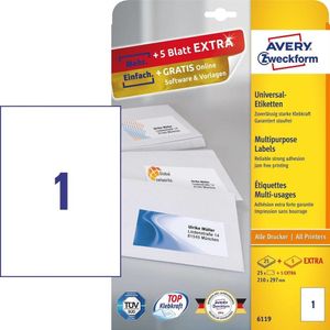 Avery-Zweckform 6119 Universele etiketten 210 x 297 mm Papier Wit 30 stuk(s) Permanent hechtend Inkjet, Laser (zwart/wit), Laser (kleur), Kopiëren (zwart/wit),