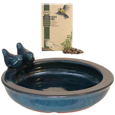 Othmar Decorations Vogelbad/voederschaal met vogelvoer - blauw - keramiek Othmar Decorations Vogelbad/voederschaal met vogelvoer - blauw - keramiek
