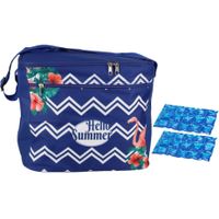 Koeltas schoudertas blauw met zomer print met 2 stuks flexibele koelelementen 18 liter