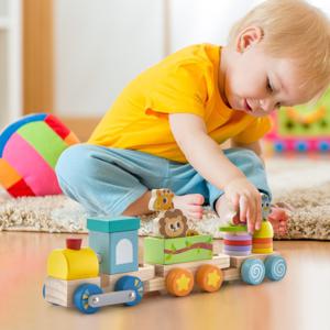 Stapelbare Houten Treinset Educatief Treinspeelgoed van Veilig Massief Hout met Kleurrijke Dierenfiguren Trekbare Locomotief