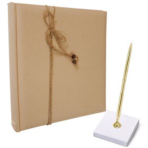 Gastenboek/receptieboek met luxe pen in houder - Bruiloft - goud/beige - 24 x 24 cm