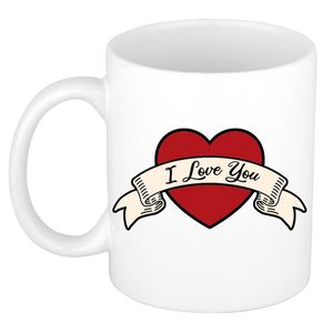 I love you cadeau koffiemok / theebeker wit met hartjes 300 ml   -