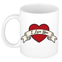 I love you cadeau koffiemok / theebeker wit met hartjes 300 ml   -