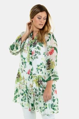Ulla Popken Longblouse, transparant, bladerendessin, volant - Grote Maten