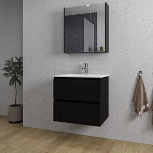 Adema Chaci Badkamermeubelset - 60x46x57cm - 1 keramische wasbak wit - 1 kraangat - 2 lades - Spiegelkast - mat zwart SW718704/SW804530/SW812066/SW812071