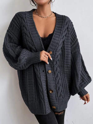 Geometric Cross Neck Yarn/Wool Yarn Casual Solid Button Front Cable Knit Cardigan