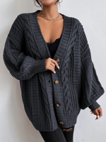 Geometric Cross Neck Yarn/Wool Yarn Casual Solid Button Front Cable Knit Cardigan