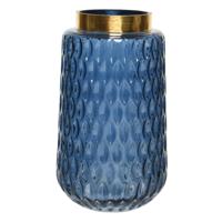 Bloemen vaas blauw transparant/goud van glas 26 cm hoog diameter 15 cm