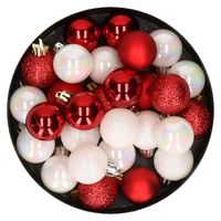 28x stuks kunststof kerstballen parelmoer wit en rood mix 3 cm - thumbnail