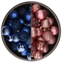 74x stuks kunststof kerstballen mix van velvet roze en kobalt blauw 6 cm - thumbnail