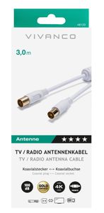 Vivanco Antenne Aansluitkabel [1x Antennebus 75 Ω - 1x Antennestekker 75 Ω] 3.00 m 110 dB Vergulde steekcontacten, Met Ferrietkern Wit