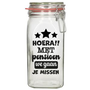 Bellatio Decorations Cadeau voorraadpot/snoeppot - pensioen - glas - 12 x 7 cm - 1,5 liter - collega   -