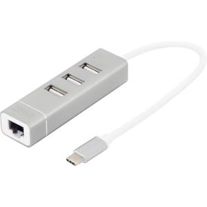 Digitus DA-70253 USB 2.0-hub 3 + 1 poorten Met USB-C stekker, Met aluminium behuizing, Met ingebouwde converter, Met metalen behuizing Aluminium