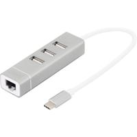 Digitus DA-70253 USB 2.0-hub 3 + 1 poorten Met USB-C stekker, Met aluminium behuizing, Met ingebouwde converter, Met metalen behuizing Aluminium