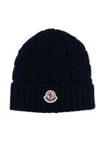 Moncler Enfant bonnet nervuré à patch logo - Bleu - thumbnail