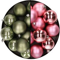 Kunststof kerstballen 6 cm - 24x stuks - mosgroen en roze